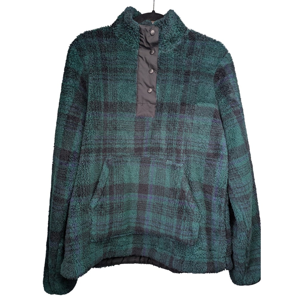 Eddie Bauer Womens Fleece Pullover Medium Green Plaid Snap Mock Neck Cozy Tartan